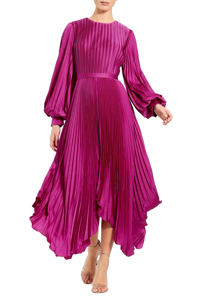 Women's Pleated Charmeuse Midi Dress with Handkerchief Hem, Main, color, FUCHSIA