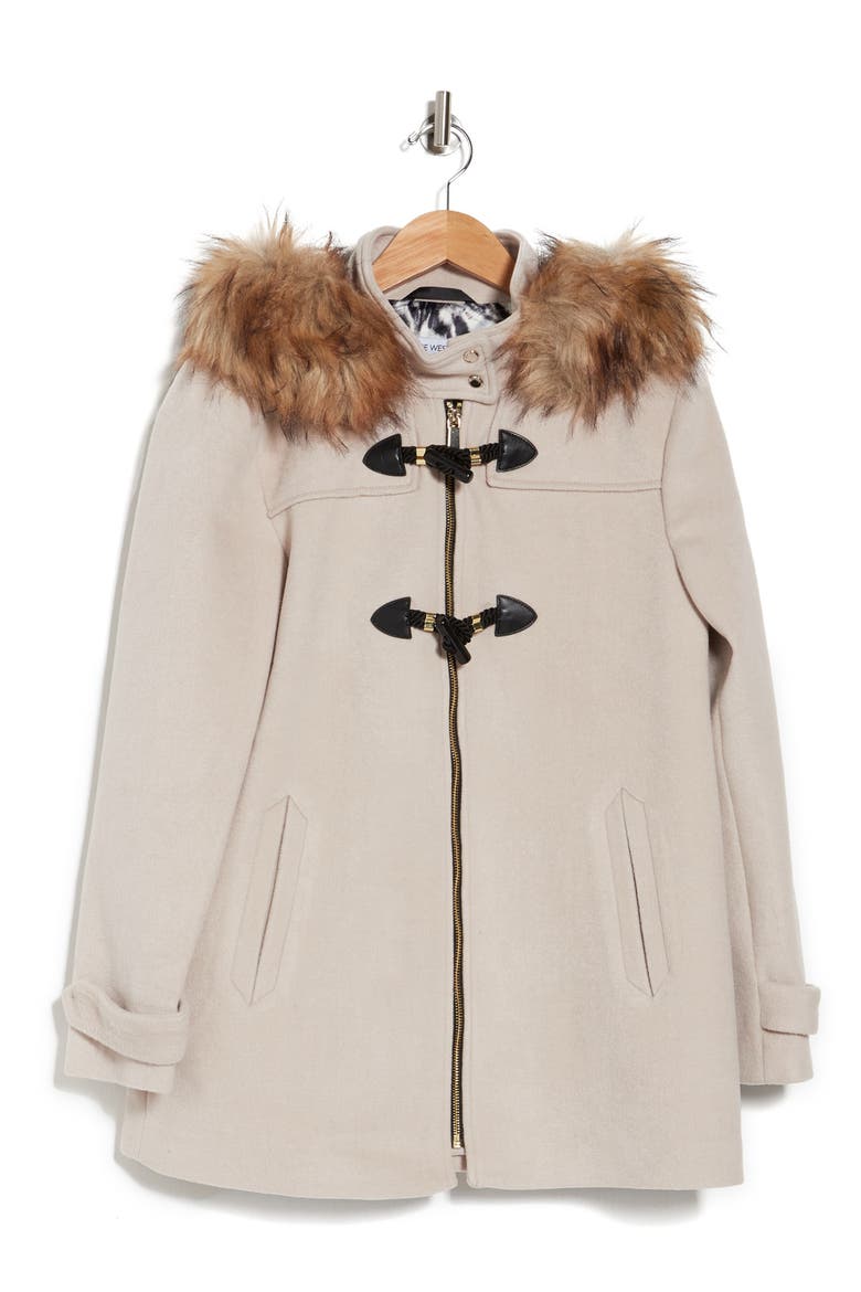 Faux Fur Trim Hooded Toggle Coat, Alternate, color, BONE