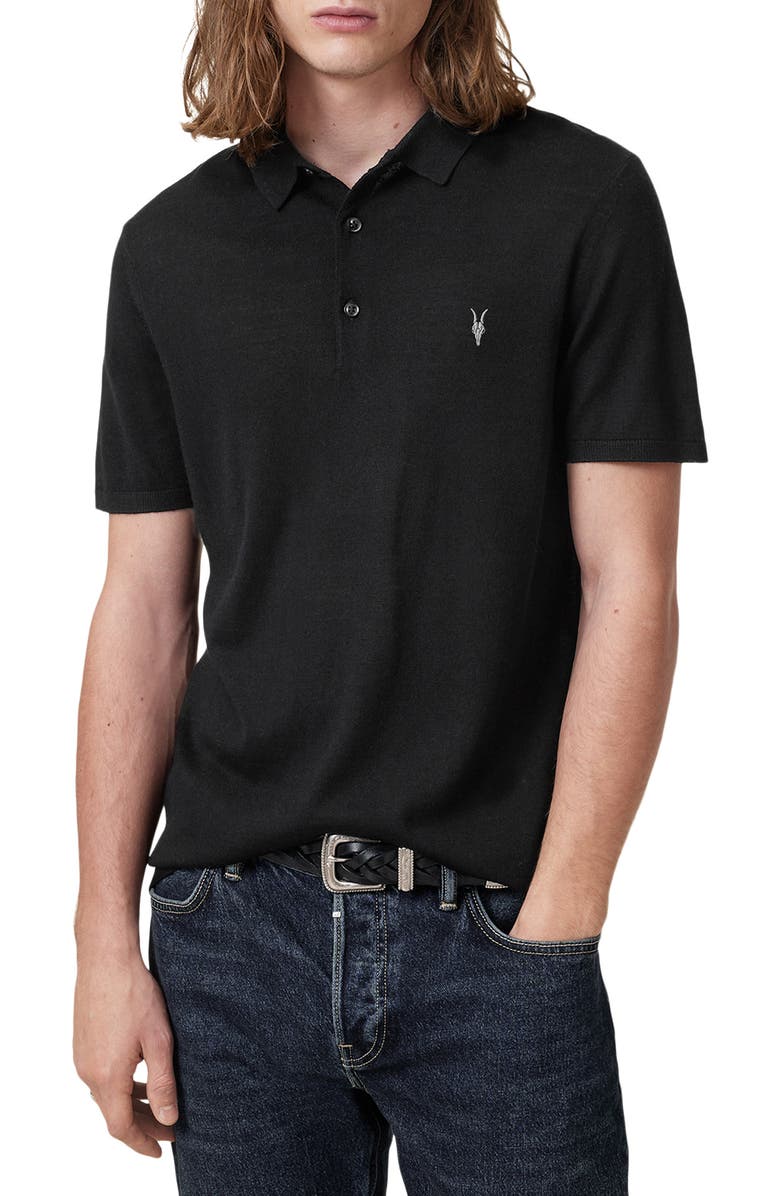AllSaints Mode Merino Wool Polo, Alternate, color, Black