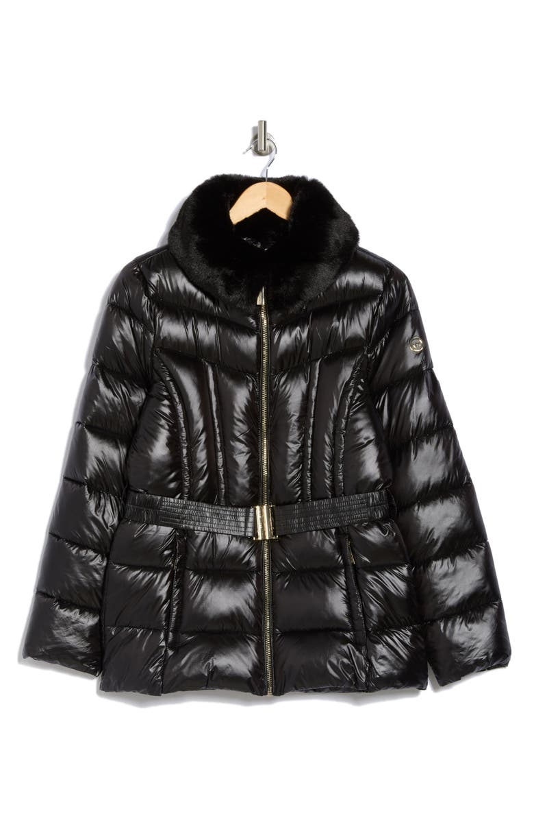 Michael Kors Faux Fur Collar Belted Puffer Jacket, Alternate, color, 