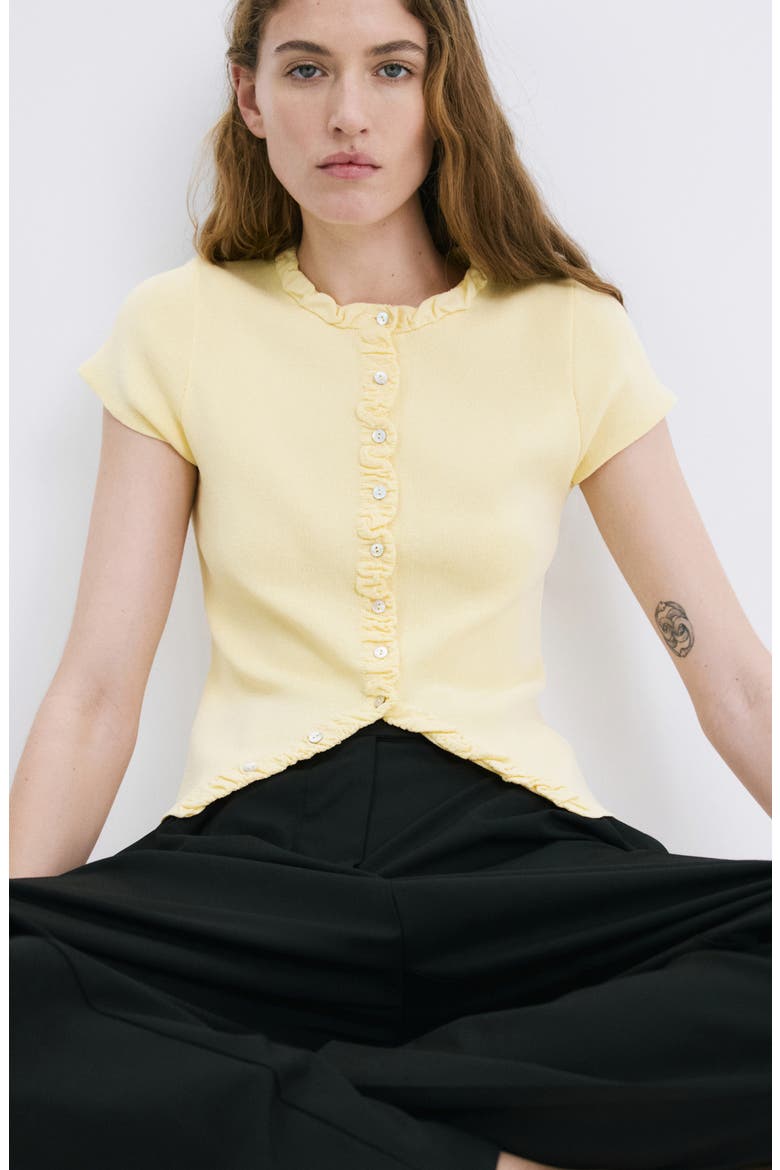 Frill Short Sleeve Cardigan, Alternate, color, VANILLA