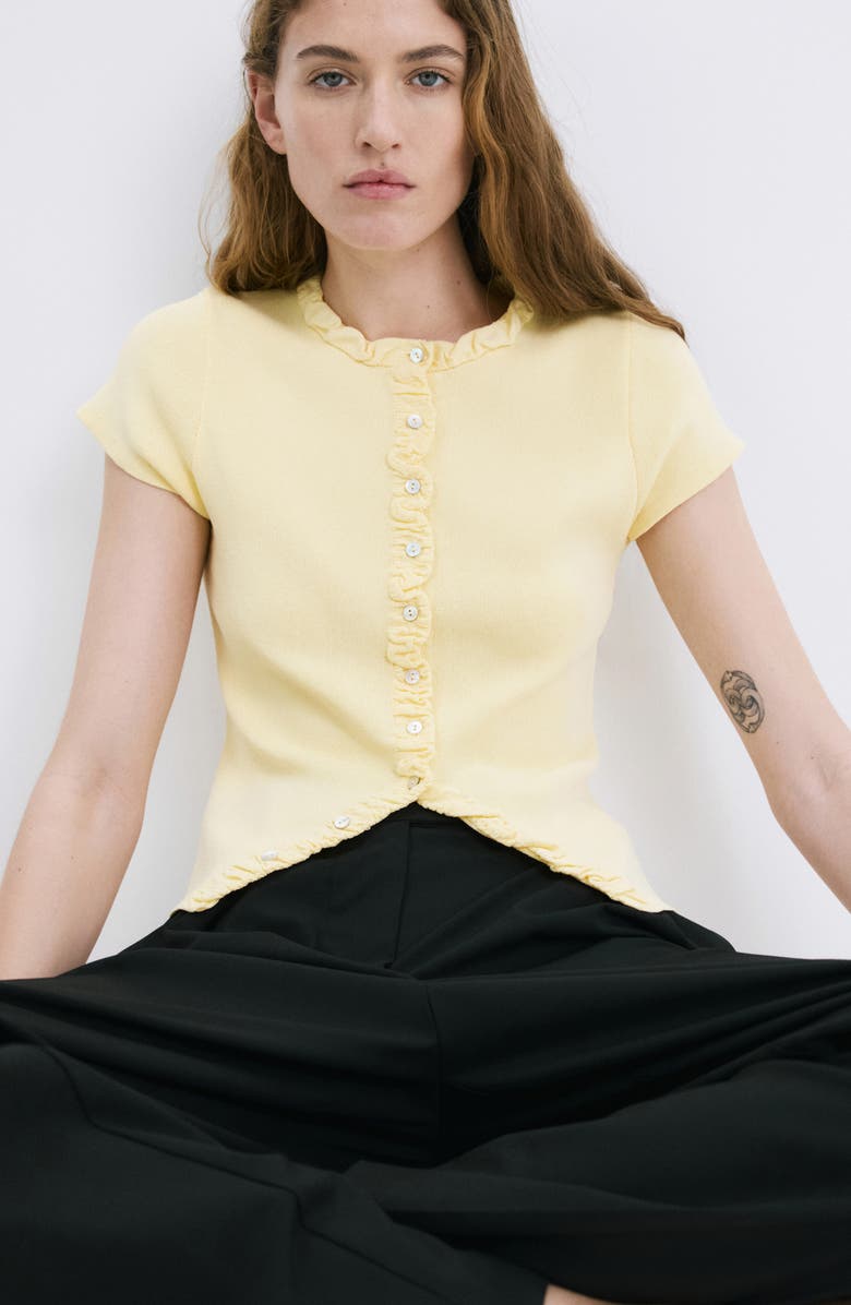 MANGO Frill Short Sleeve Cardigan, Alternate, color, Vanilla