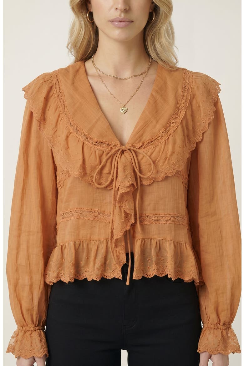 Ruffled Lace Trim Lightweight Tie Front Blouse, Main, color, Orange