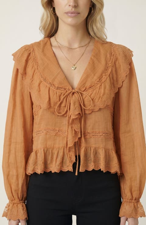 Ruffled Lace Trim Lightweight Tie Front Blouse