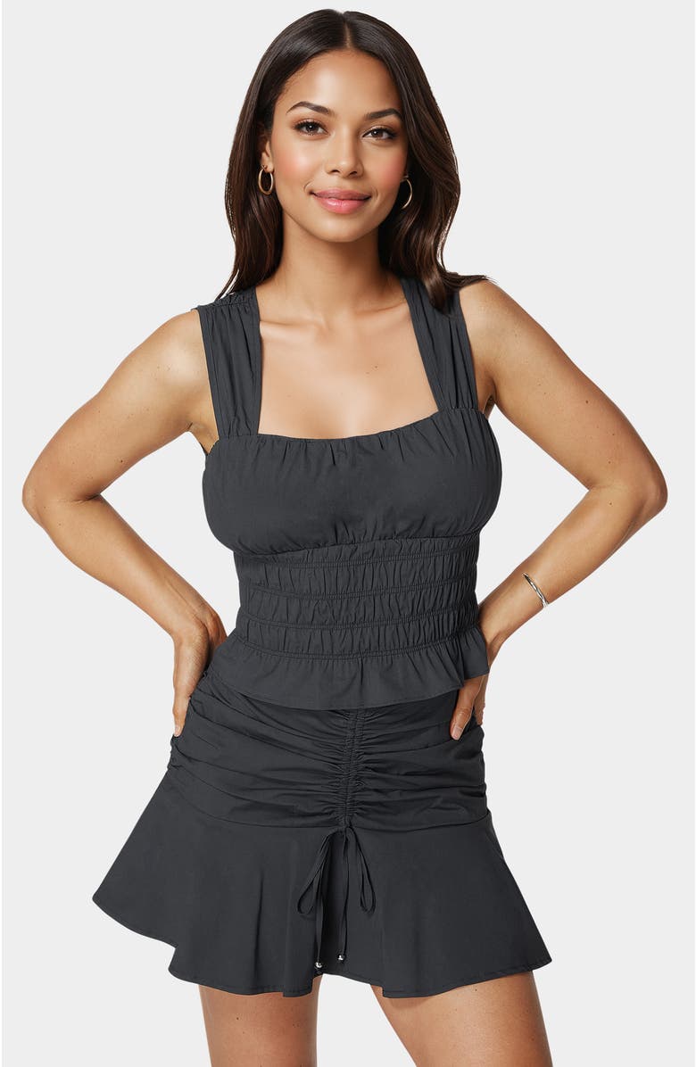 bebe Ruched Ruffle Top, Main, color, Navy Iris