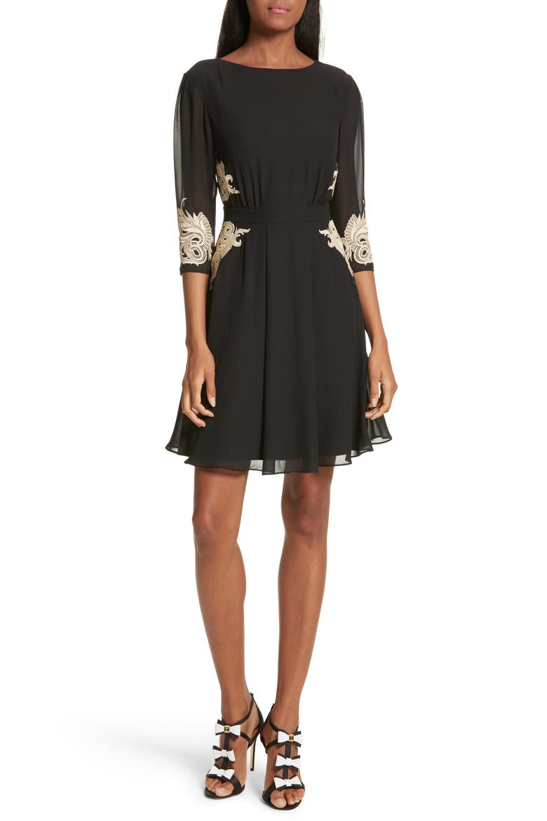 Gaenor Embroidered Fit & Flare Dress, Main, color, BLACK