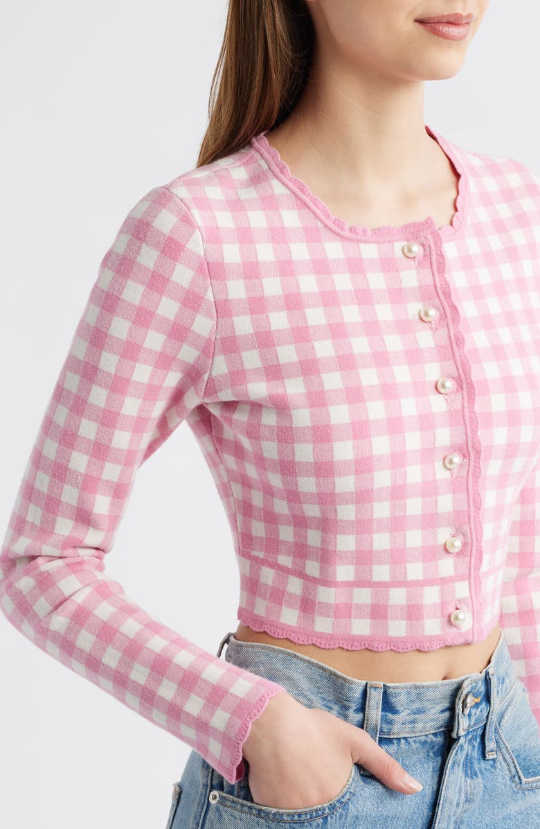 LoveShackFancy Bridgette Check Crop Cardigan, Alternate, color, Pink Pearl