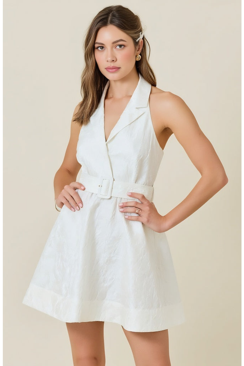 Halter Blazer Mini Dress with Belted Waist and Tailored Fit, Alternate, color, White