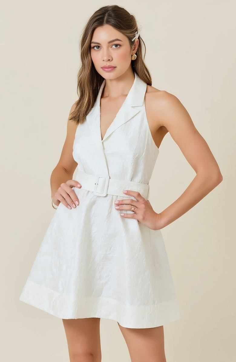 Modenaire Halter Blazer Mini Dress with Belted Waist and Tailored Fit, Alternate, color, White