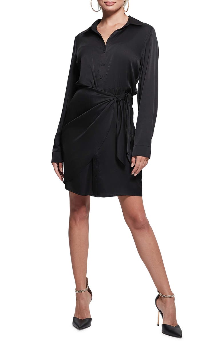 GUESS Alya Long Sleeve Mini Shirtdress, Main, color, Jet Black