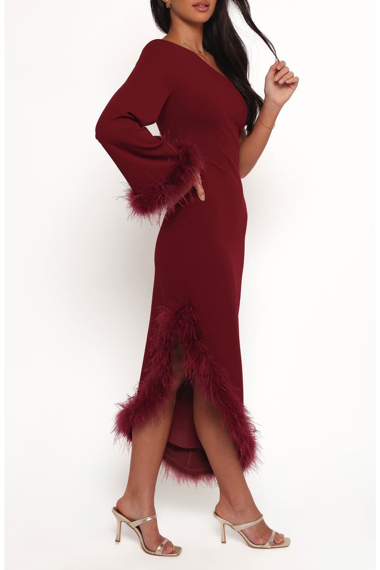 Dame Feather Trim Single Long Sleeve Midi Cocktail Dress, Alternate, color, DEEP WINE