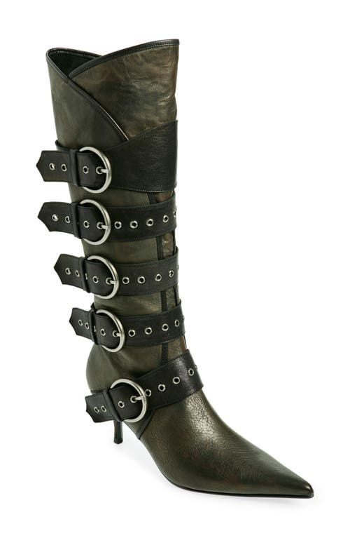 Jeffrey Campbell Seatbelt Knee High Boot in Brown Distressed Black Grainy 