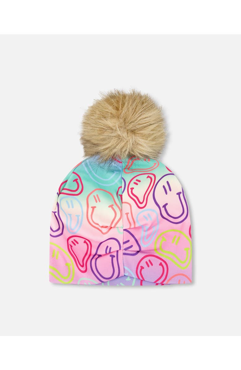 Deux par Deux Stretch Jersey Hat Smileys with Pompom, Alternate, color, Multicolored Printed Smileys