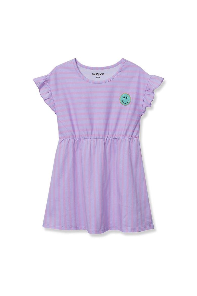 Girls Short Sleeve Gathered Waist Tunic Top, Main, color, Purple Stripe Smiley Face