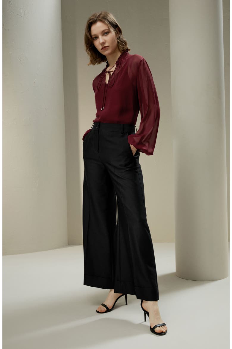 Tie Front Drawstring Georgette Blouse, Alternate, color, Oxblood