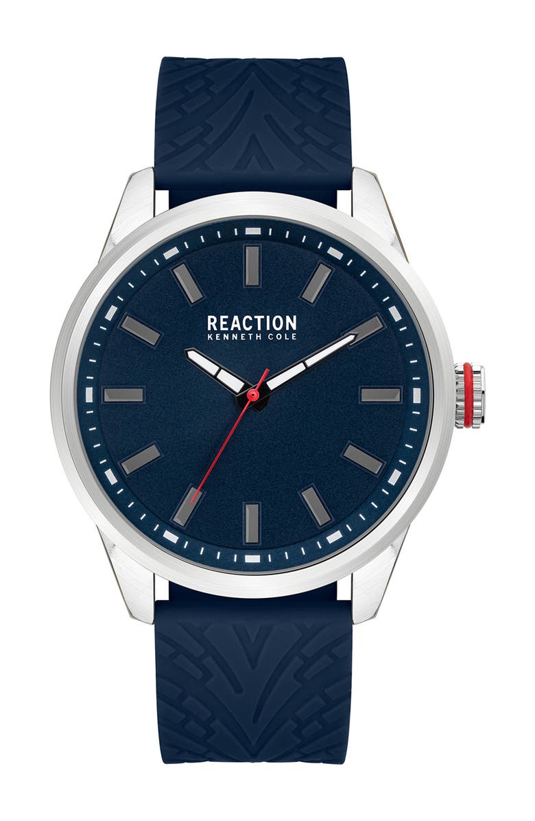 Kenneth Cole Reaction Men's Blue Dial 3 Hands Movement Silicone Watch, 45mm, Main, color, 