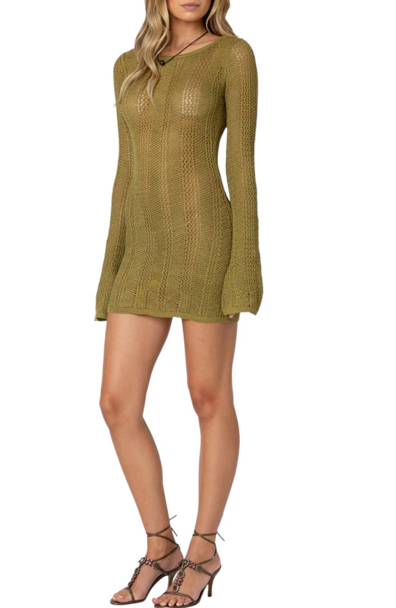 EDIKTED Back Cutout Long Sleeve Crochet Cover-Up Minidress, Alternate, color, 