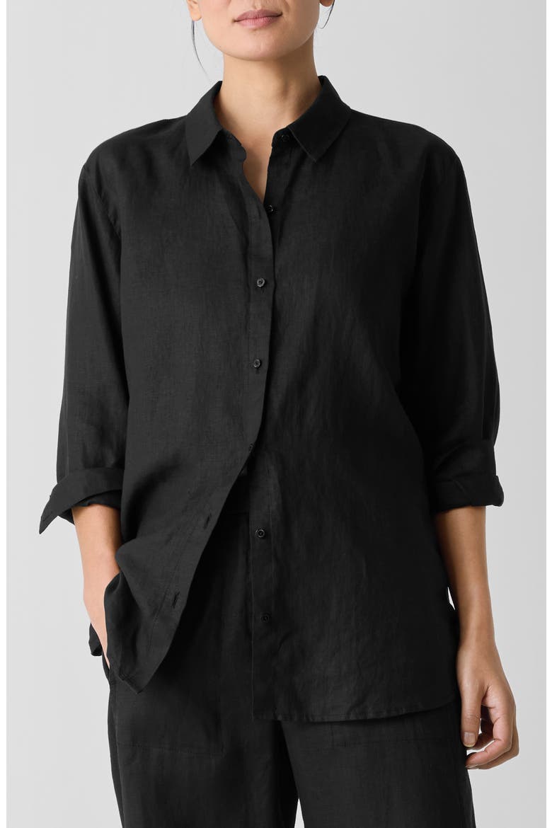 Classic Collar Organic Linen Long Button-Up Shirt, Main, color, BLACK
