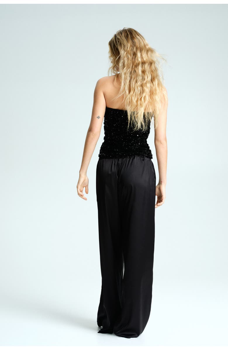 H&M Embroidered Satin Trousers, Alternate, color, Black