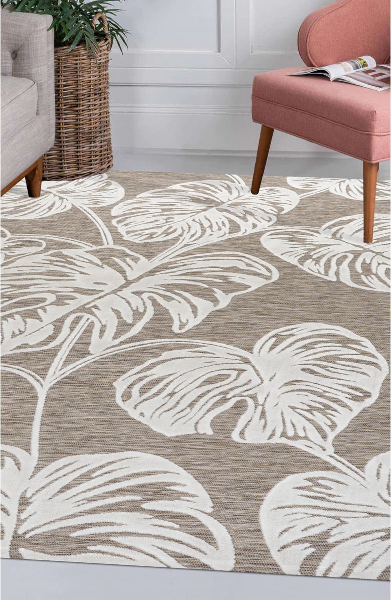 JONATHAN Y Tobago High-Low Two-Tone Monstera Leaf Indoor/Outdoor Area Rug, Alternate, color, Brown/Ivory