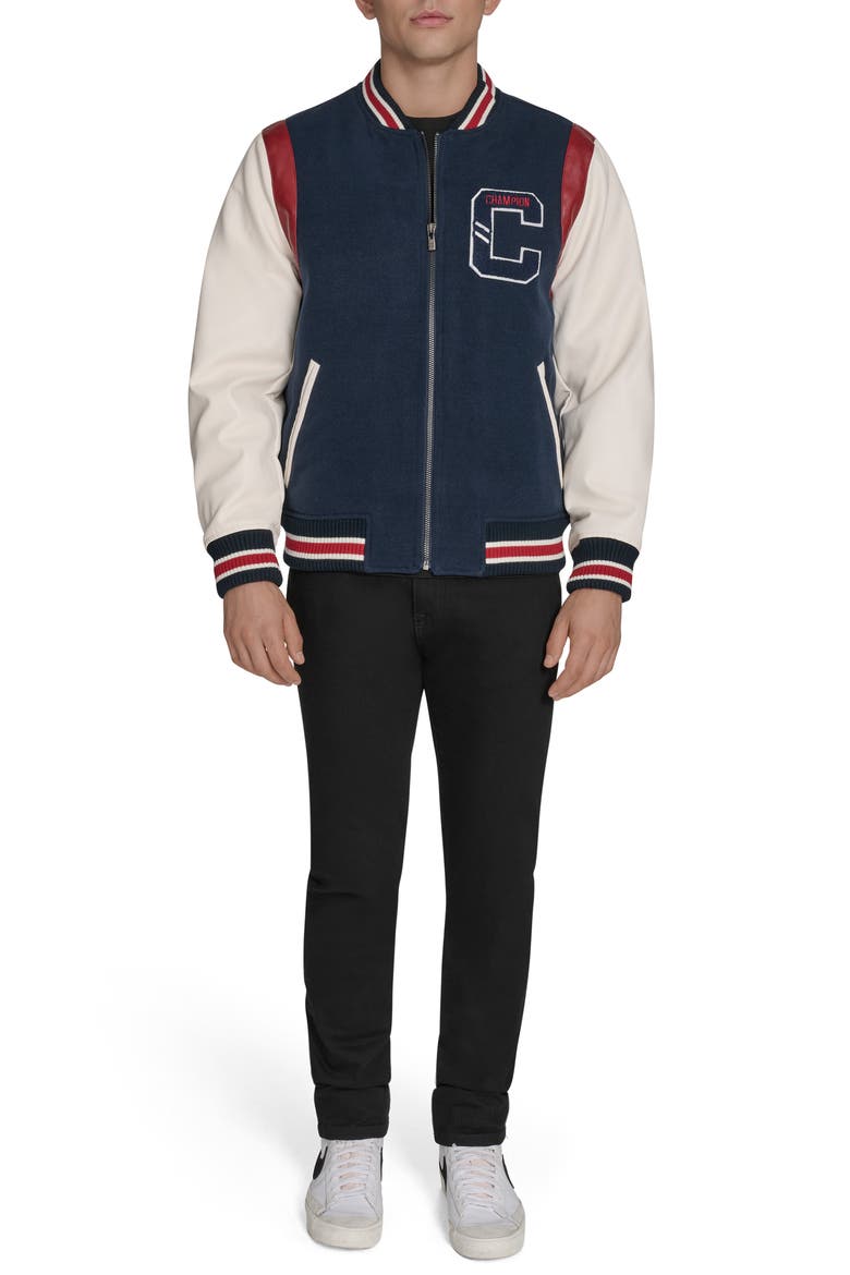 Varsity Patch Bomber Jacket, Alternate, color, NAVY/ IVORY
