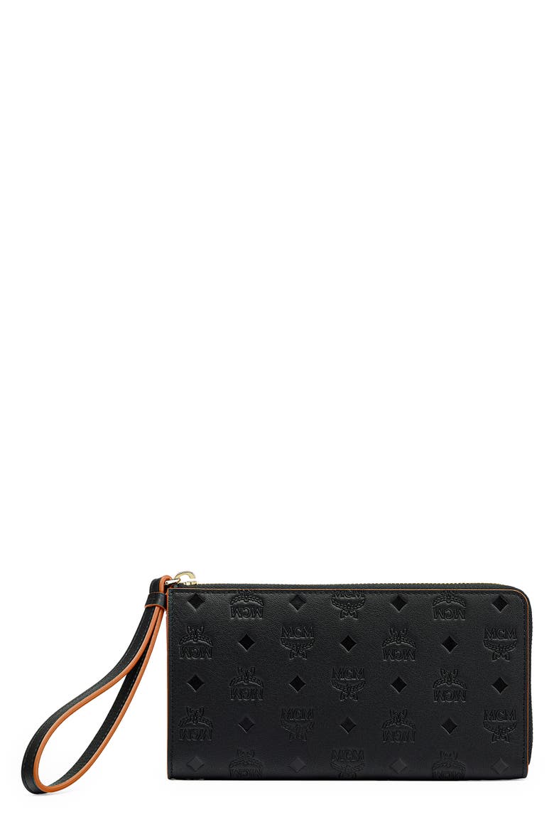 Klara Monogram Leather Zip Wristlet, Main, color, BLACK