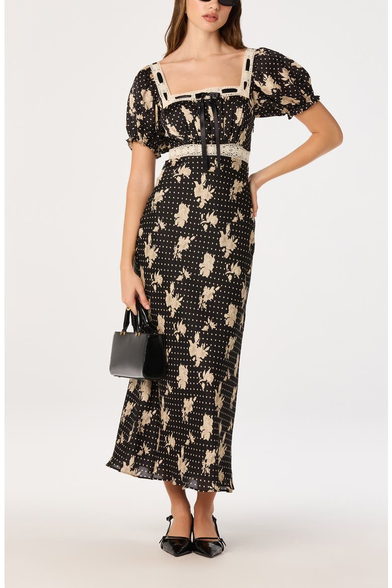 Kim Puffed Sleeve Lace Trimmed Midi Dress, Alternate, color, BLACK POLKA DOT