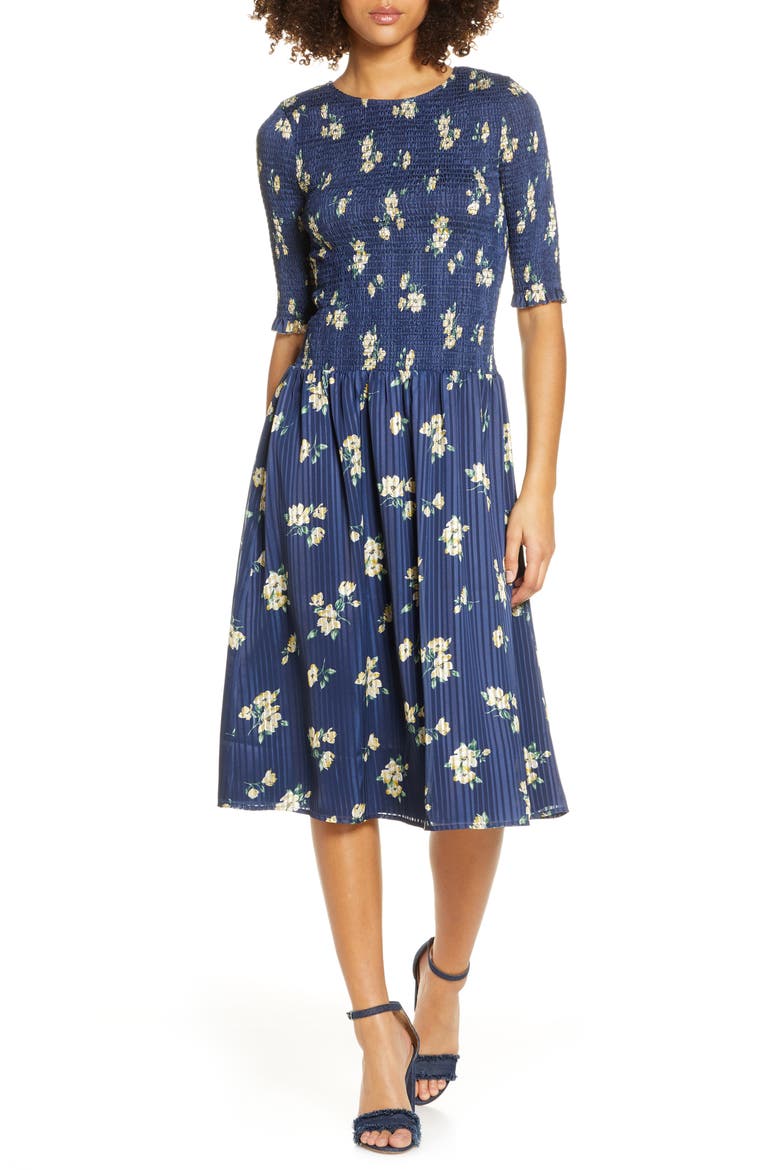 Barnsdall Floral Smocked Midi Dress, Main, color, NAVY FLORAL