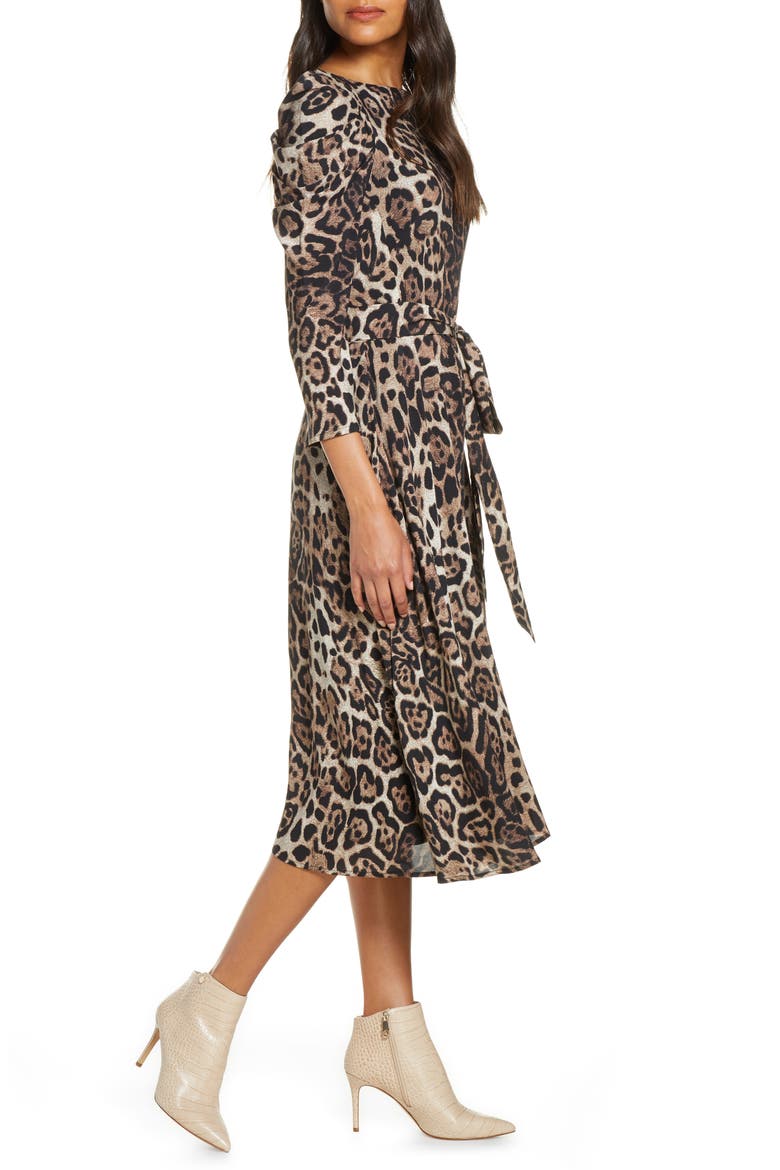 Leopard Print Long Sleeve Midi Dress, Alternate, color, ANIMAL