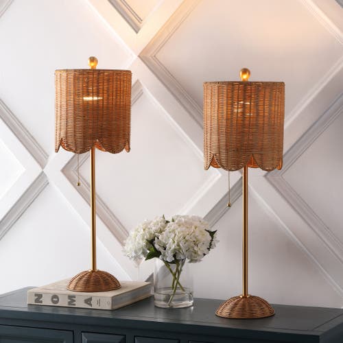 Jonathan Y Celerie 27.5" Coastal Bohemian Rattan/iron Scalloped Buffet Led Table Lamp With Pull Chai In Natural/brass Gold