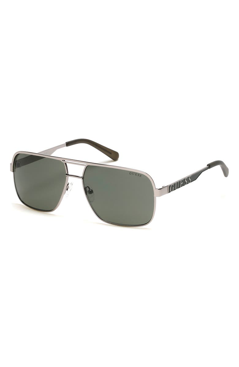 GUESS 59mm Navigator Sunglasses, Alternate, color, Shiny Gunmetal / Green