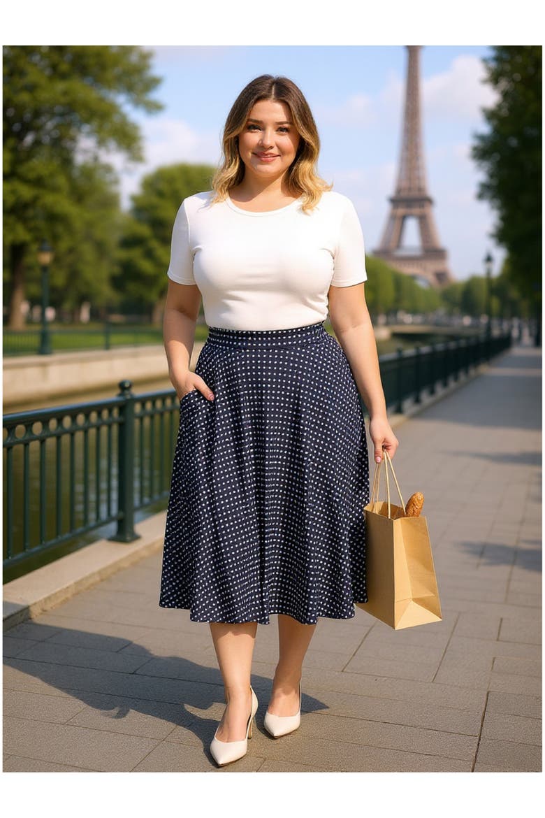 Plus Size Polka Dot Elastic Waist Pocket A-Line Midi Skirt, Alternate, color, Navy Multi