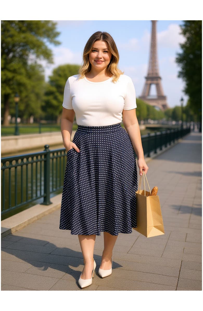 24seven Comfort Apparel Plus Size Polka Dot Elastic Waist Pocket A-Line Midi Skirt, Alternate, color, Navy Multi