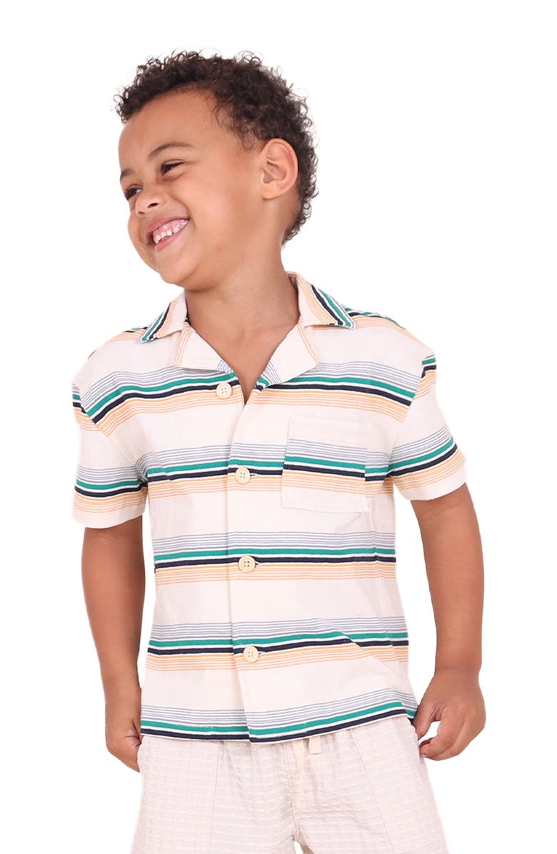 TINY TRIBE Kids' Stripe Short Sleeve Cotton Knit Button-Up Shirt, Alternate, color, 