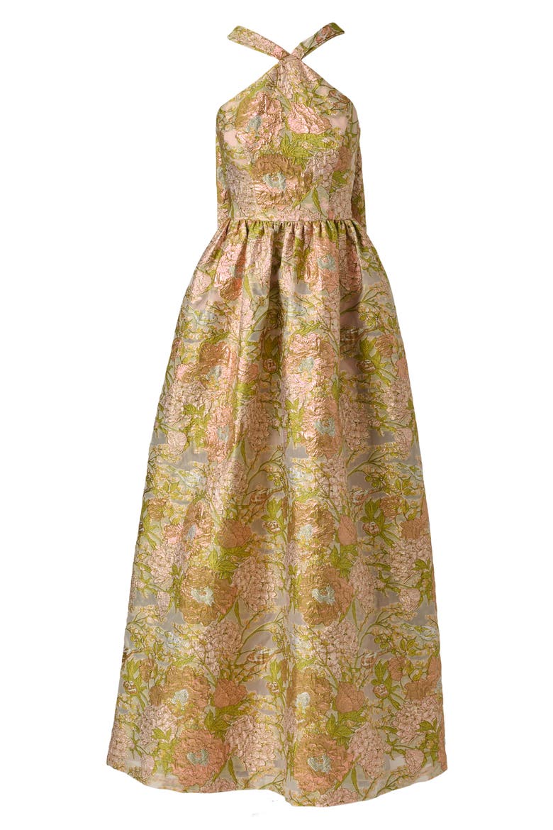 Metallic Floral Jacquard Halter Gown, Alternate, color, PINK MULTI