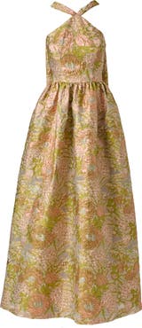 Aidan Mattox Metallic Floral Jacquard Halter Gown