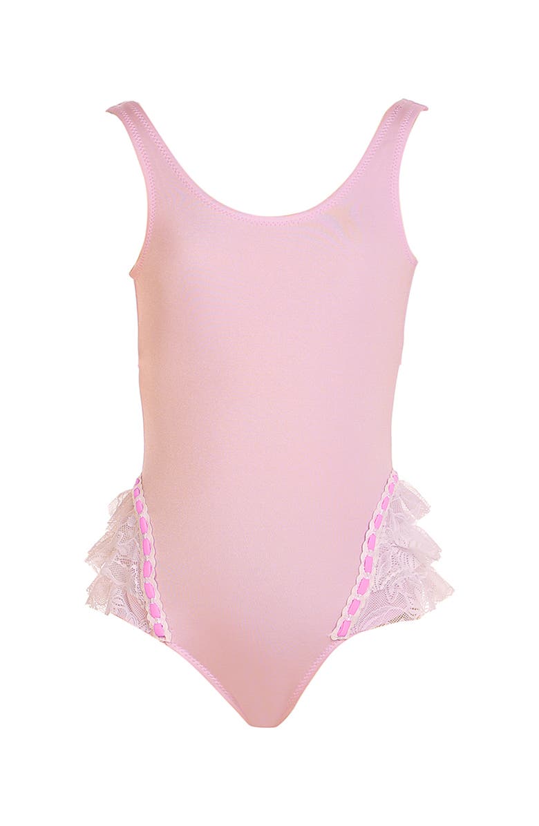 NESSI BYRD Triple-Layered Lace Ruffle One-Piece Swimsuit, Main, color, Pink