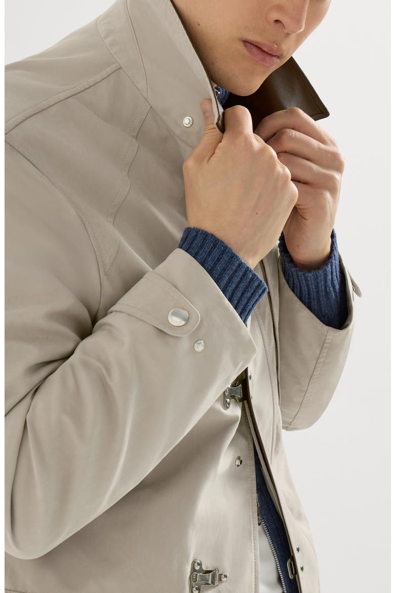 Water-resistant microfiber outerwear jacket with hook fastening and nappa leather inserts, Alternate, color, Beige