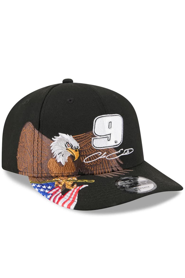 Men's New Era Black Chase Elliott Patriotic Eagle & Flag A-Frame 9FIFTY Snapback Hat, Main, color, Black