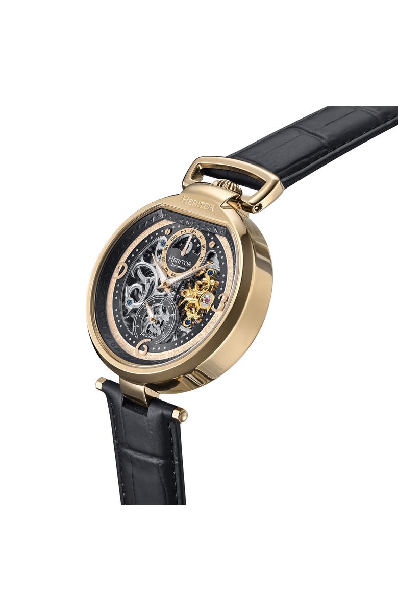 Heritor Automatic Lincoln Leather-Band Skeleton Watch with Moon Phase, Alternate, color, Gold