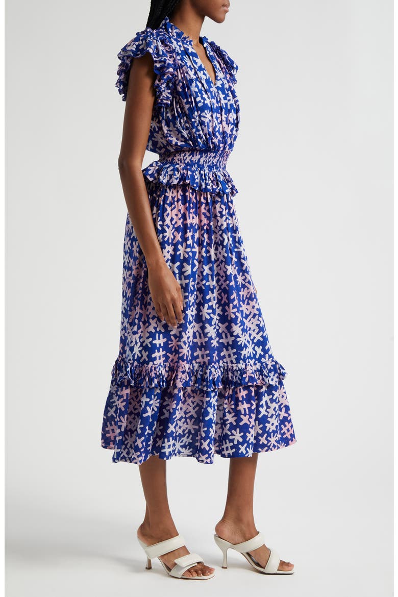 Bukola Tiered Midi Dress, Alternate, color, BLUE/ PINK MULTI
