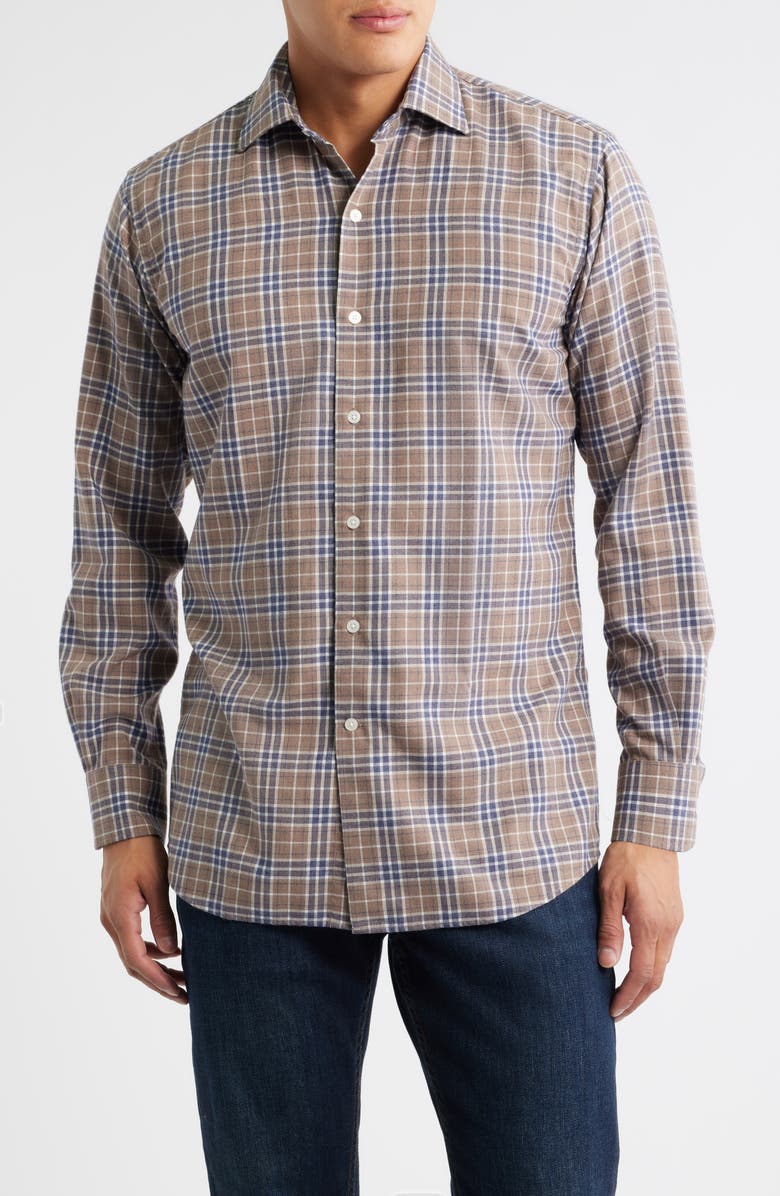 Peter Millar Big Bear Plaid Button-Up Flannel Shirt, Main, color, Poplar Brown