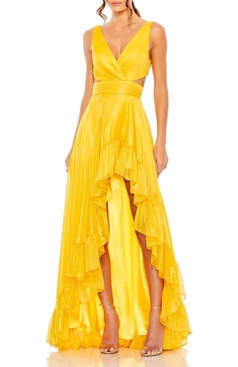 Side and Back Cut Out High Low Ruffle Gown