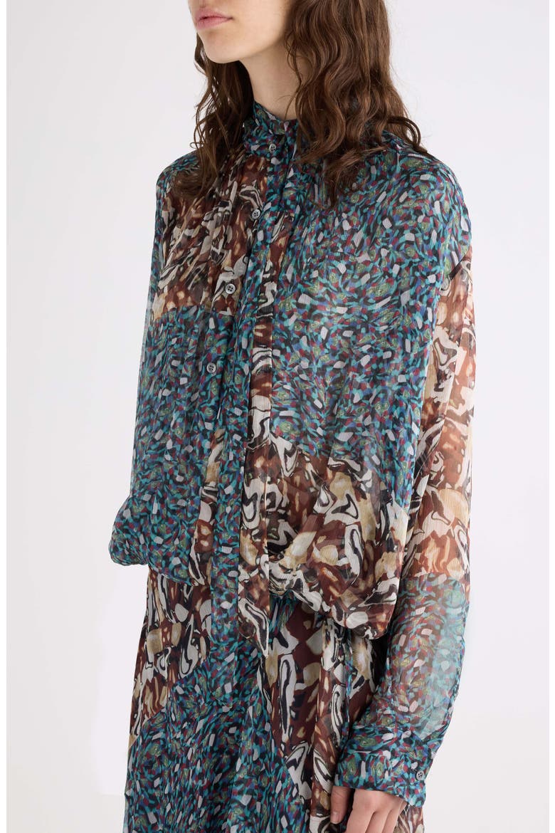 Cenvy Mini Marbled Print Silk Mousseline Button-Up Shirt, Alternate, color, PETROL