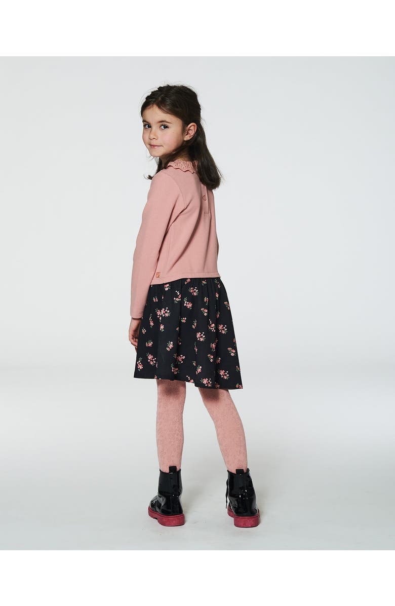 Deux par Deux Little Girl's Bi-Material Dress With Eyelet Collar Light Pink Printed Flowers, Alternate, color, 