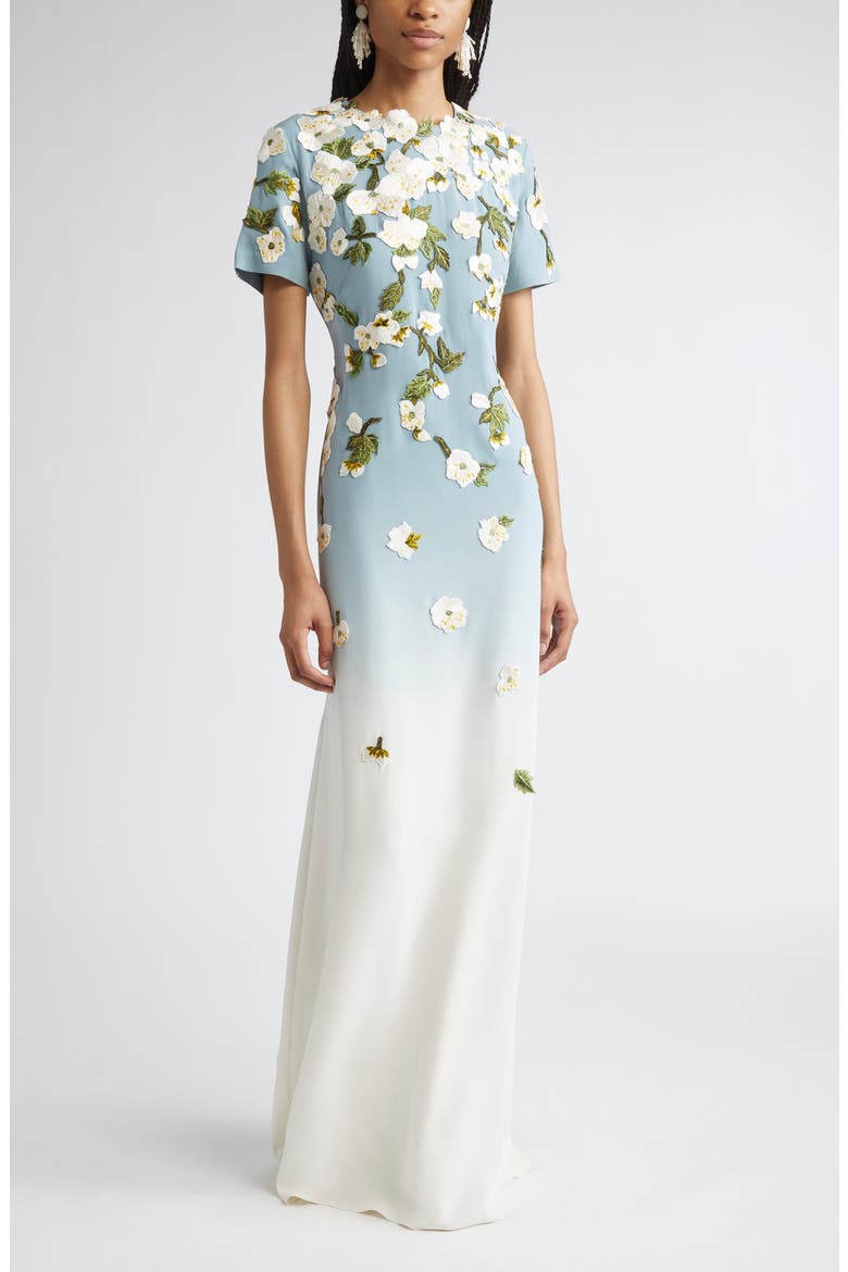 Cherry Blossom Embroidered Dégradé Georgette Gown, Main, color, SEAGLASS/ IVORY