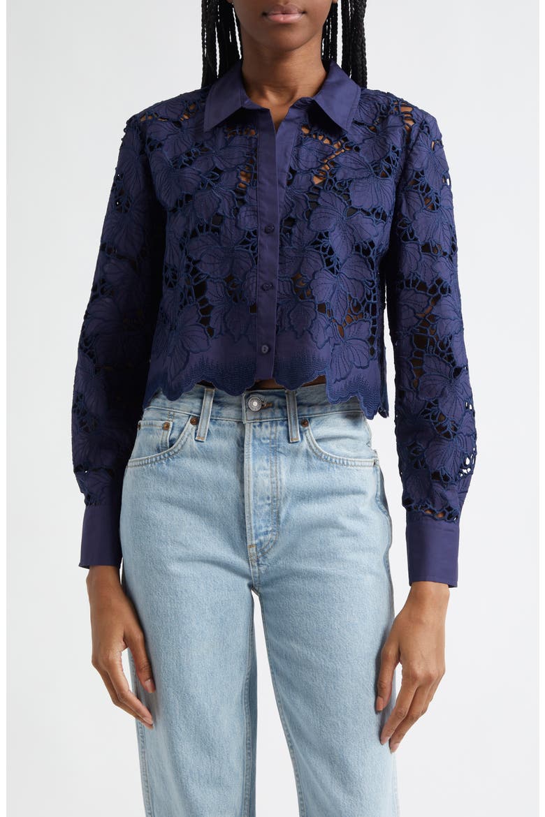 Seychelle Cutwork Crop Shirt, Main, color, NAVY