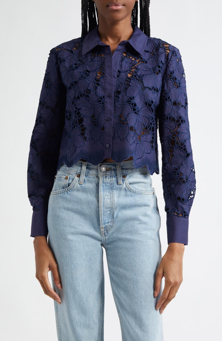 L'AGENCE Seychelle Cutwork Crop Shirt, Main, color, Navy