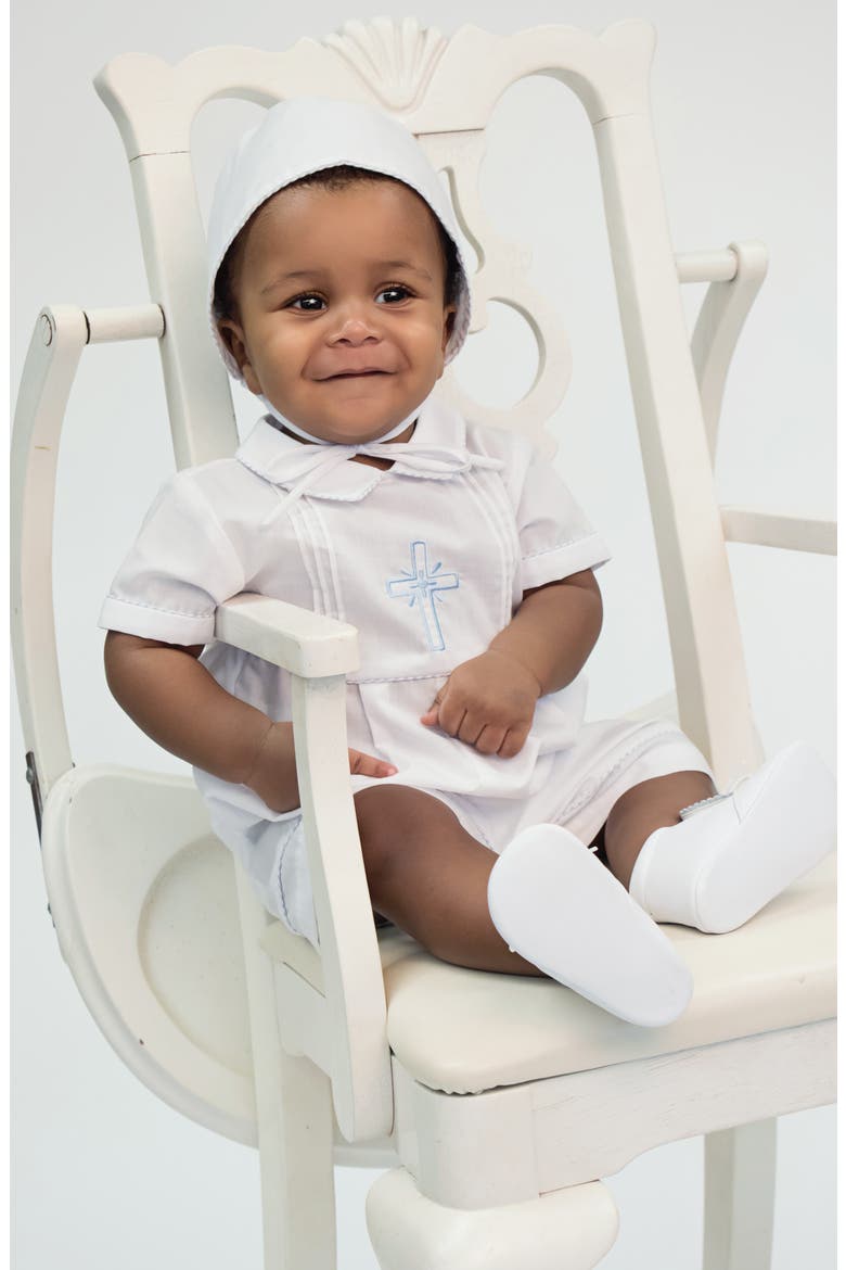 Embroidered Christening Romper & Bonnet Set, Alternate, color, WHITE