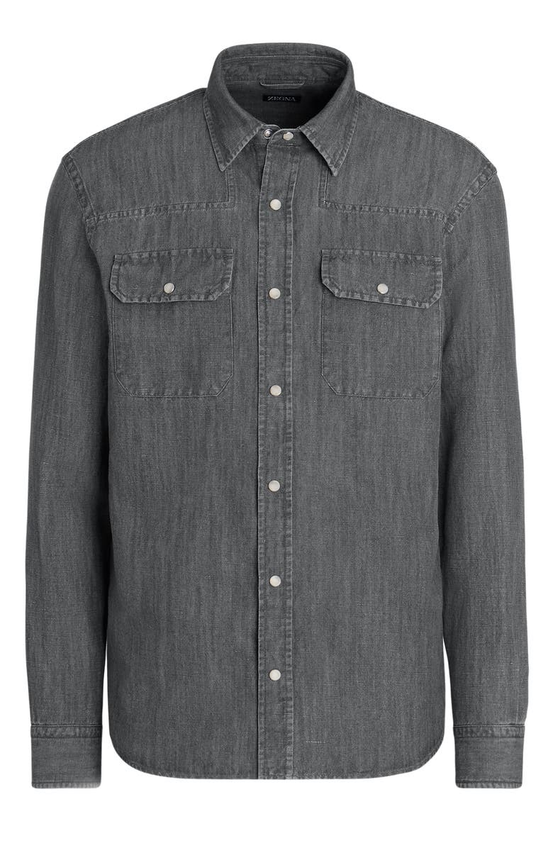 ZEGNA Cotton & Linen Chambray Snap-Up Shirt, Main, color,